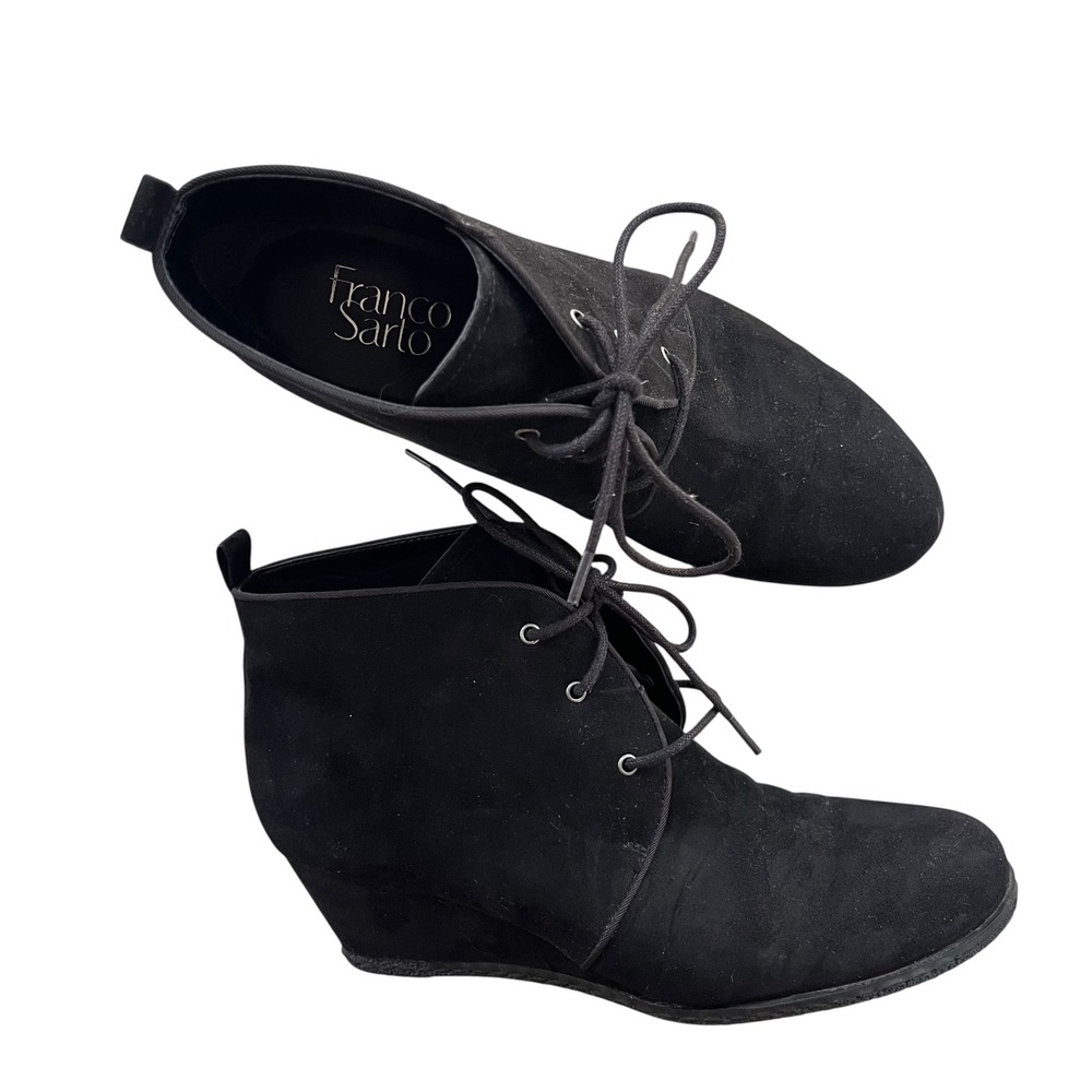 Franco Sarto Women's 8 M Black Suede Lace Up Wedge Booties Annabelle Ankle Boots